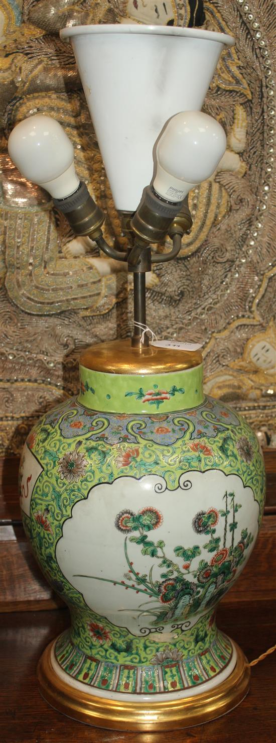 A pair of Chinese famille verte baluster jars, late 19th century, vases approx. 35cm.